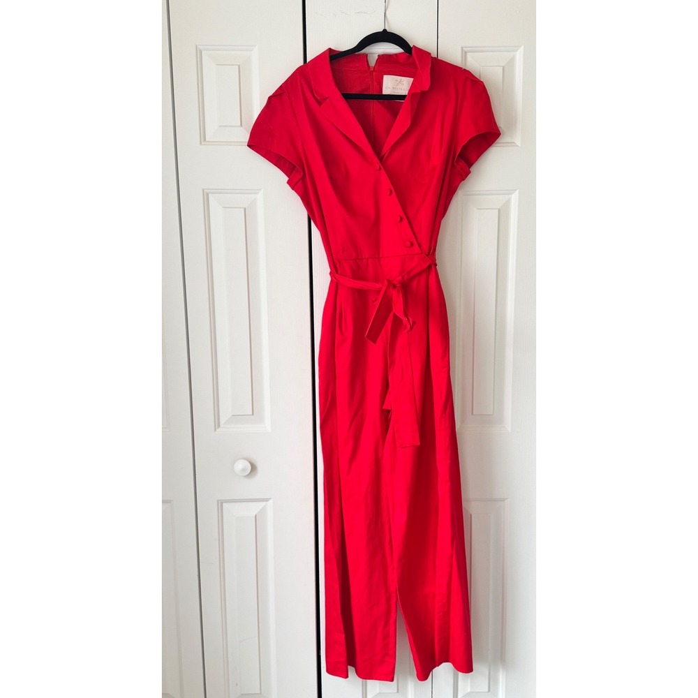 Gal Meets Glam Collection Red Wide Leg Wrap Jumpsuit Tie Waist Short Sleeve